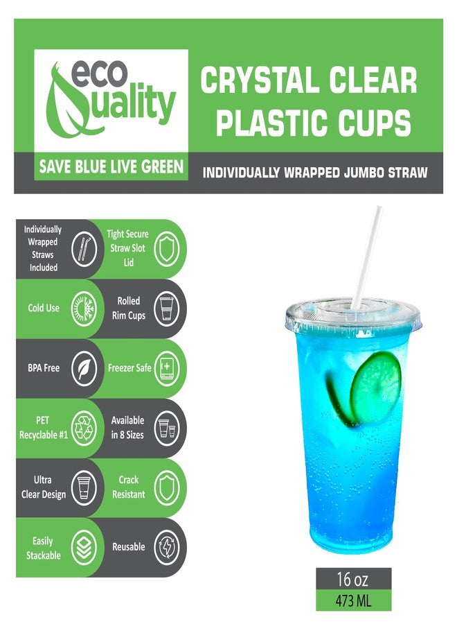EcoQuality Large Clear Plastic Disposable Cups with Lids & Straws 25 count - 16 oz (ounces) Clear PET Cup for Cold Smoothie, Iced Coffee, Boba, Bubble Tea, Protein Shakes, Cold Drinks (Cups + Flat Lids + Straws) - Image 5