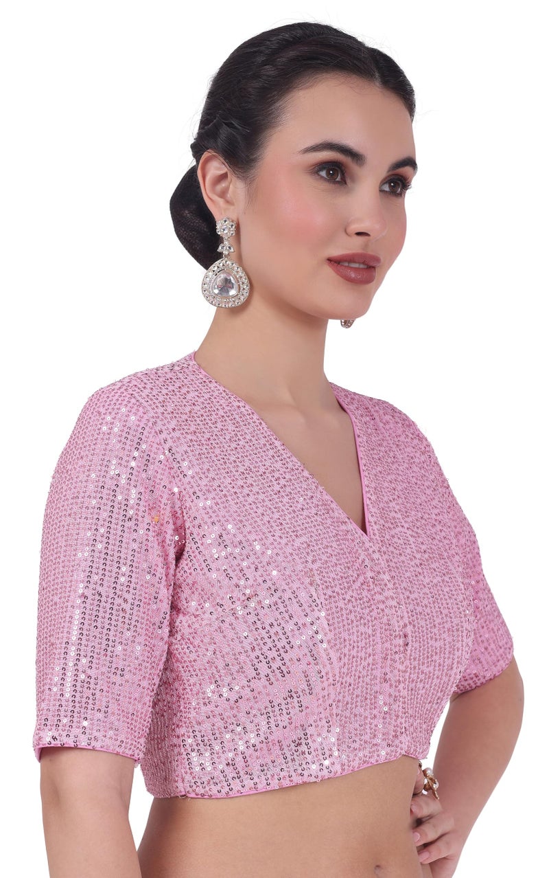 Studio Shringaar Women's V Neck Sequin Polyester Elbow Length Sleeves Readymade Saree Blouse (Pink, 34) - Image 3