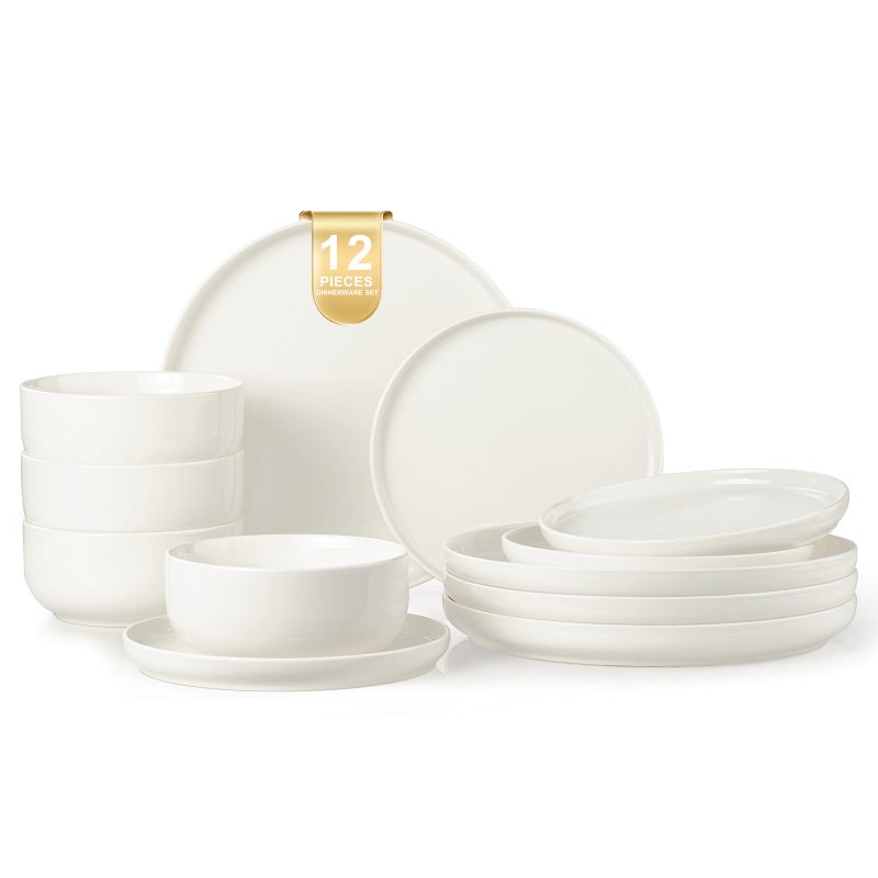 EWFEN Plates and Bowls Sets, 12 Pieces Ceramic Dinnerware Set for 4, Stoneware Dishware Dishes Set, Scratch Resistant Dishes Set, Dishwasher & Microwave Safe, White - Image 1