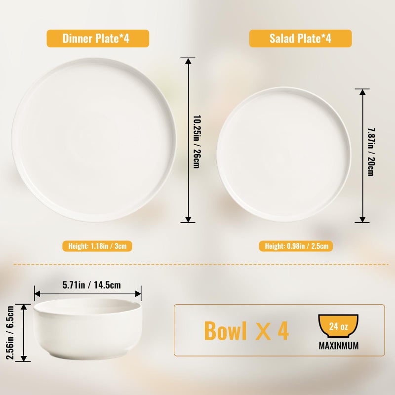EWFEN Plates and Bowls Sets, 12 Pieces Ceramic Dinnerware Set for 4, Stoneware Dishware Dishes Set, Scratch Resistant Dishes Set, Dishwasher & Microwave Safe, White - Image 4