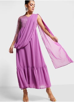 Embroidered Tiered Kurti With Attached Dupatta