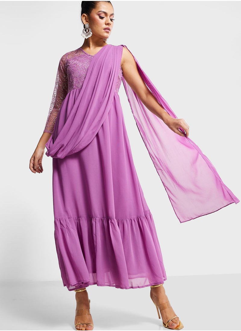 indya - Embroidered Tiered Kurti With Attached Dupatta - Image 1