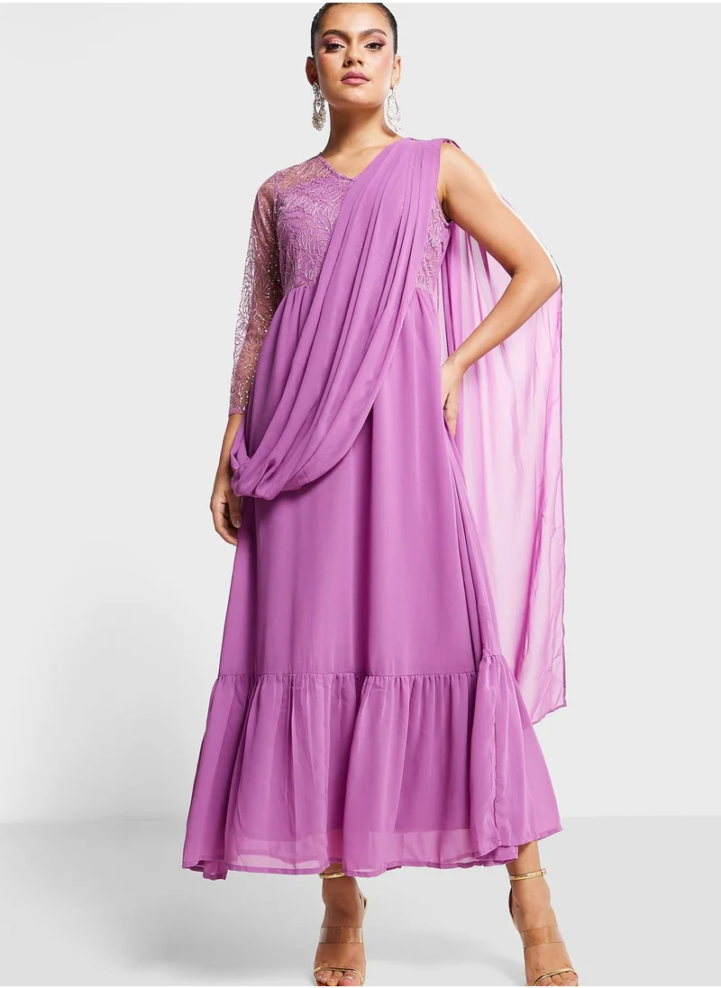 indya Embroidered Tiered Kurti With Attached Dupatta