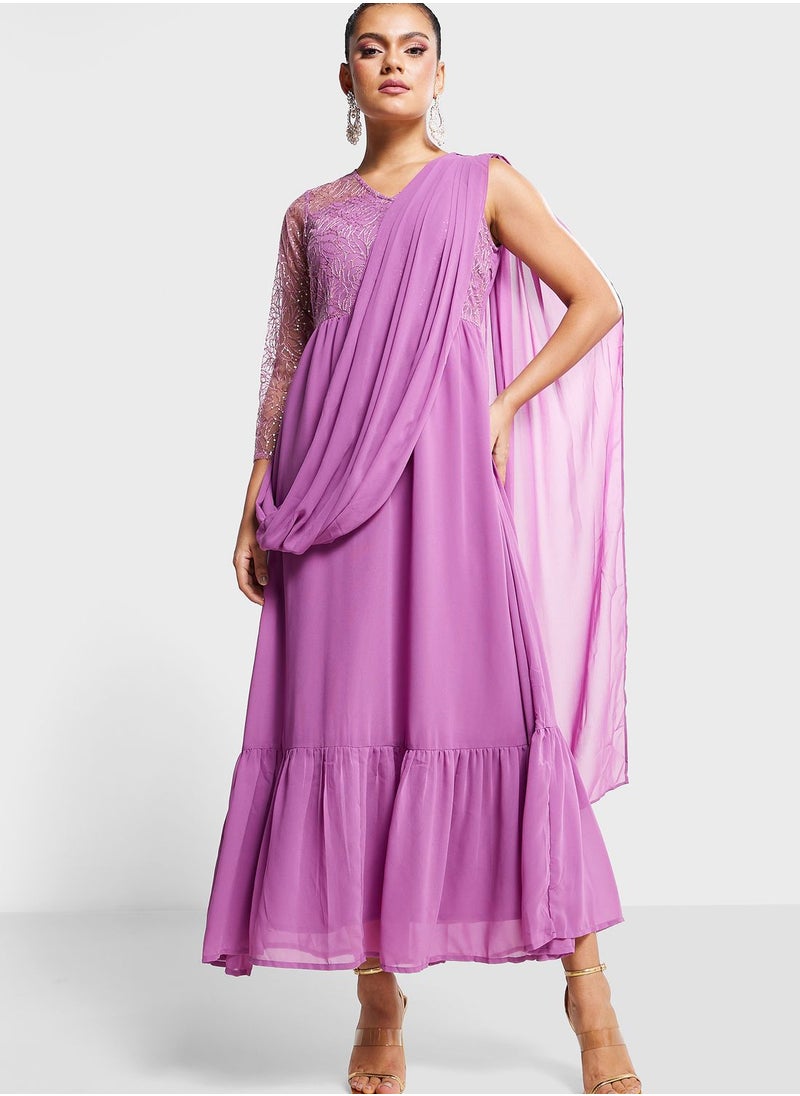 indya - Embroidered Tiered Kurti With Attached Dupatta - Image 1