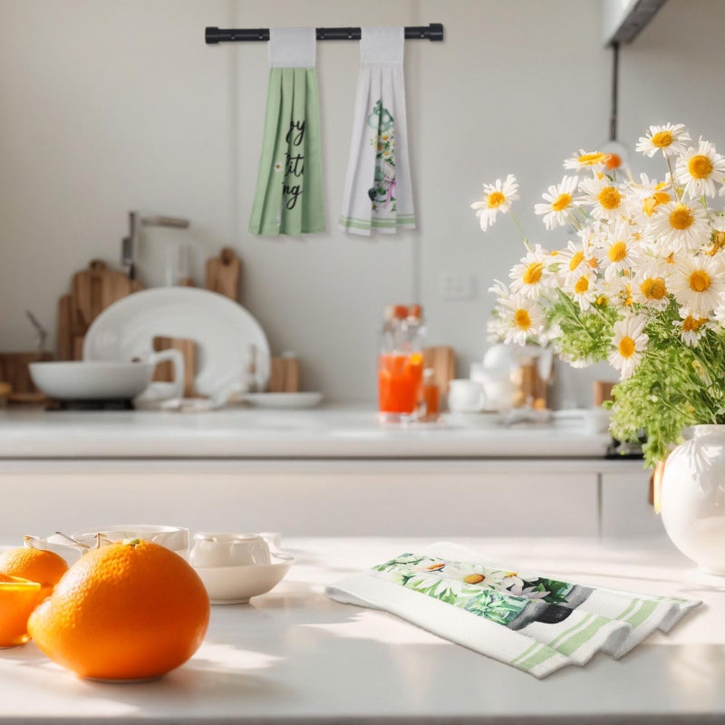 Jingmore 6 Pcs Summer Hanging Kitchen Towels with Loop Hand Tie Towels Microfiber Drying Baking Cooking Cloth(Green,Daisy) - Image 2