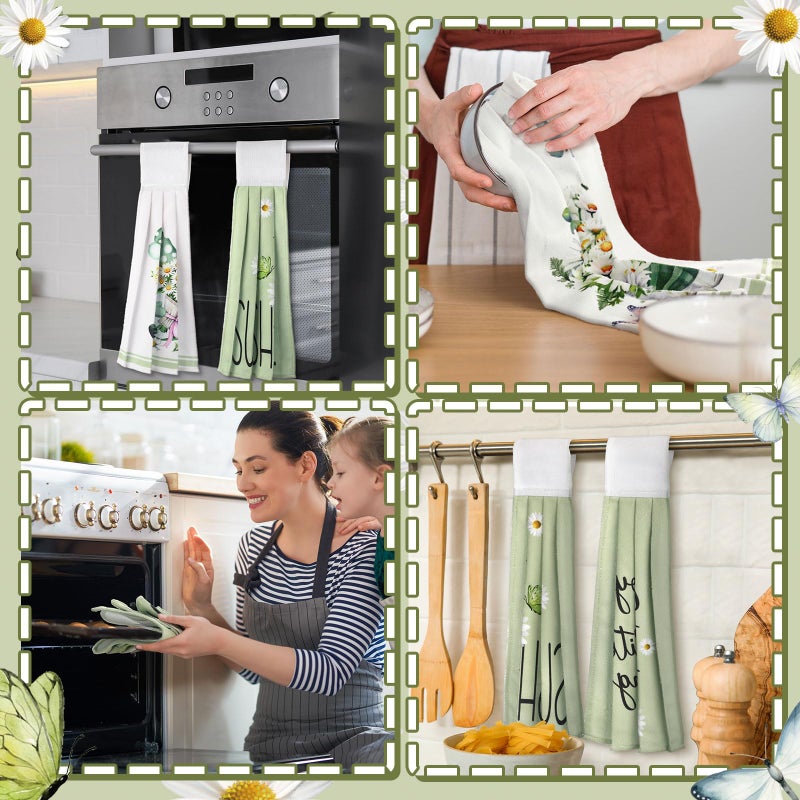 Jingmore 6 Pcs Summer Hanging Kitchen Towels with Loop Hand Tie Towels Microfiber Drying Baking Cooking Cloth(Green,Daisy) - Image 5