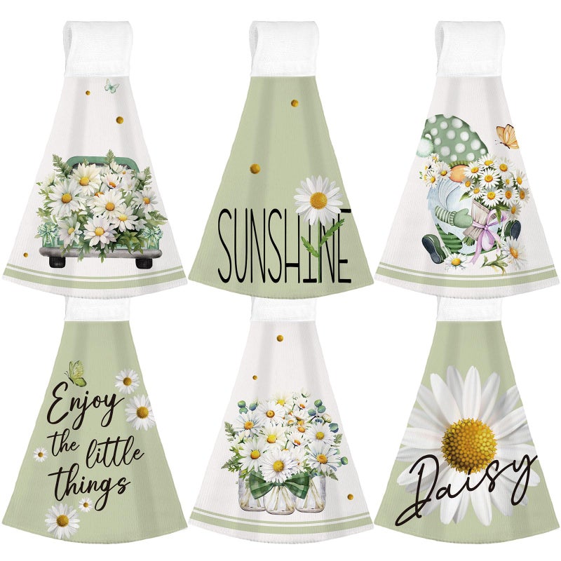 Jingmore 6 Pcs Summer Hanging Kitchen Towels with Loop Hand Tie Towels Microfiber Drying Baking Cooking Cloth(Green,Daisy) - Image 1