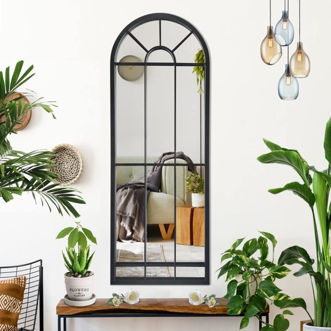 WALL MIRROR WINDOW DECORATIVE MIRRORS ARCHED FARMHOUSE FOR LIVING ROOM BEDROOM ENTRYWAY BATHROOM VANITY BLACK47 X17 X1