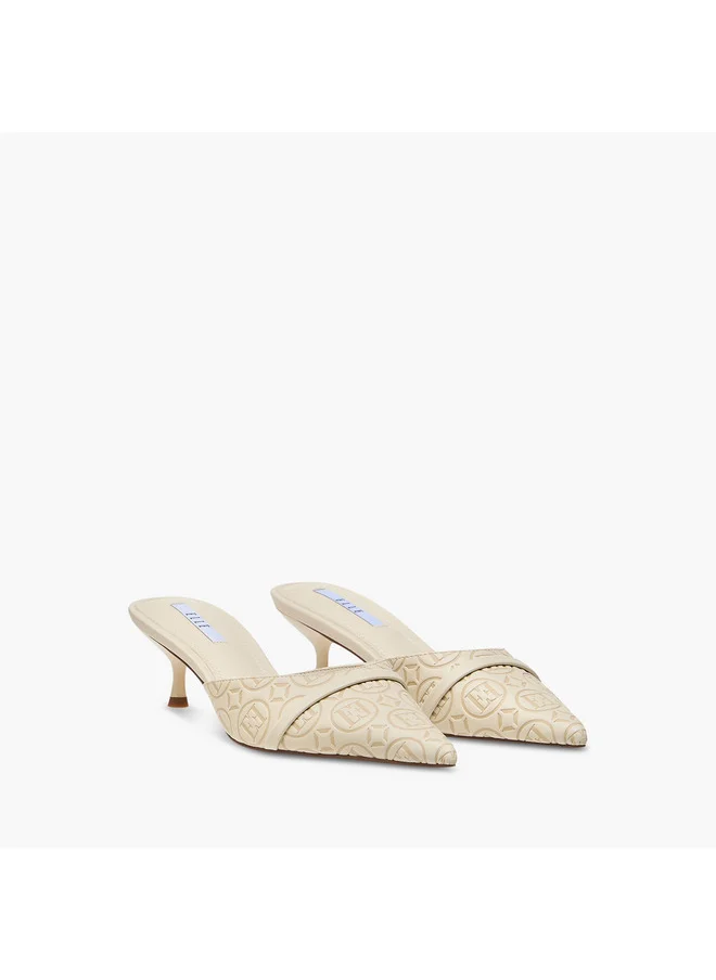 ELLE Women's Monogram Detail Slip-On Mules with Kitten Heels
