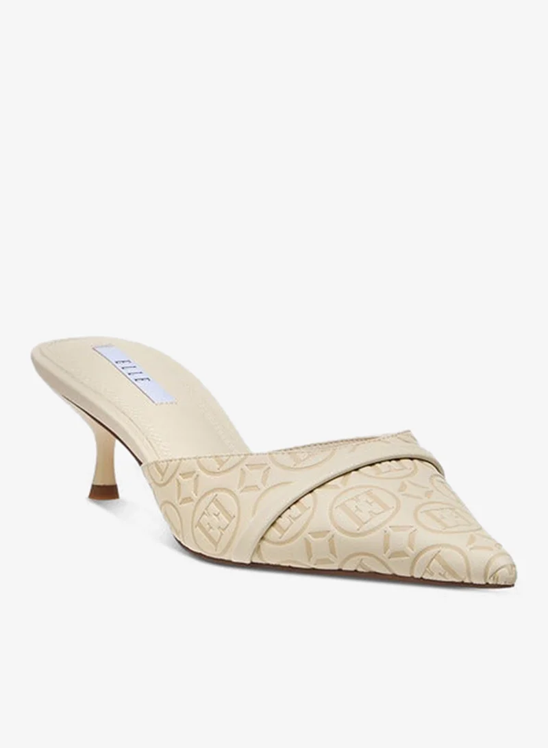 ELLE Women's Monogram Detail Slip-On Mules with Kitten Heels