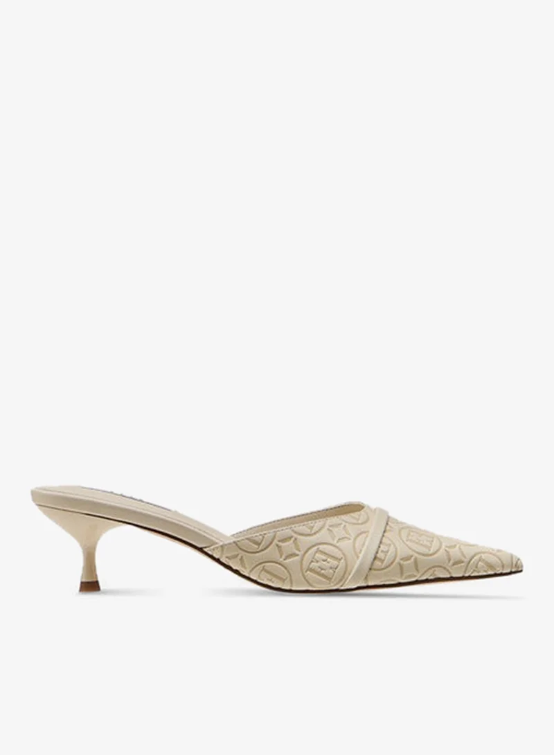 ELLE Women's Monogram Detail Slip-On Mules with Kitten Heels