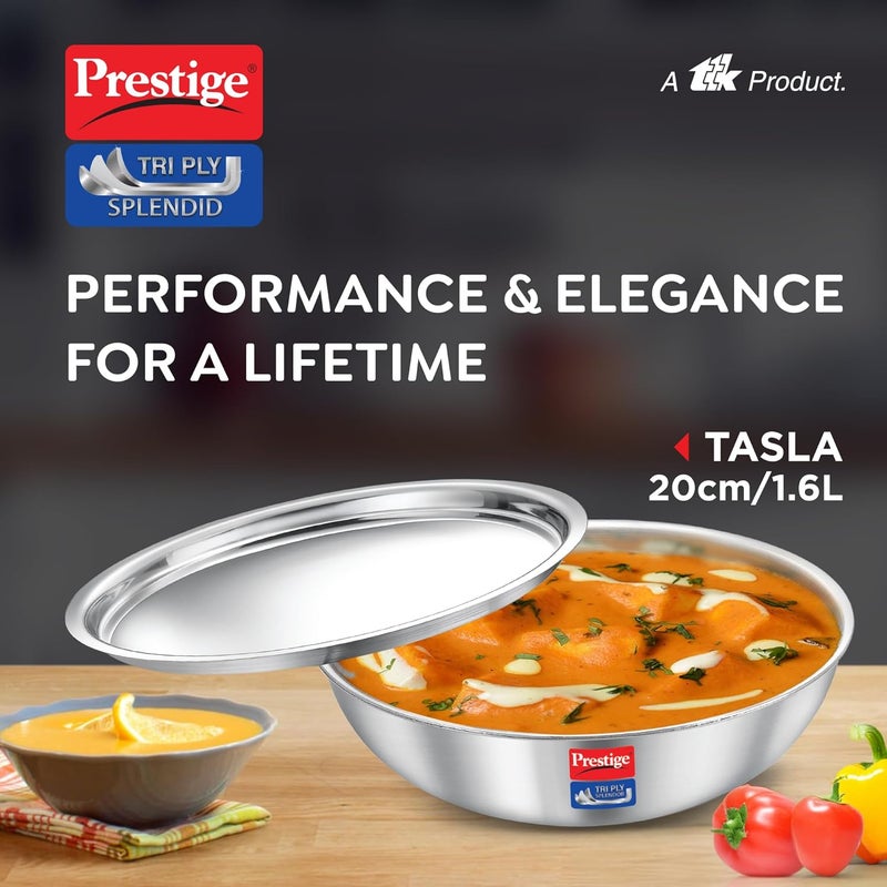 PRESTIGE Prestige 20cm/1.6L Tri-Ply Stainless Steel Splendid Tasla with Lid|Gas and Induction Compatible|Even Heat Distribution| Thick Gauge Tri-Ply Body|15 Year Warranty - Image 2