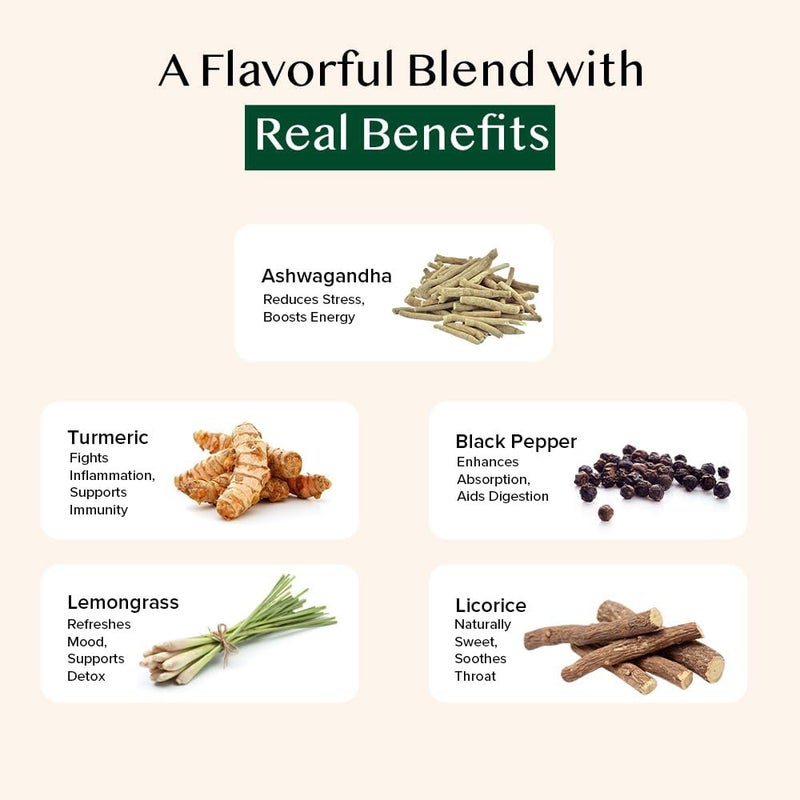 Vahdam فهدام، أكياس شاي الأعشاب بالكركم والأشواجندا (50 قطعة) | خالي من الكافيين | مزيج أعشاب نقي - كركم، أشواجندا، ليمون جراس، فلفل أسود وعرق السوس | كيس قابل لإعادة الإغلاق - Image 2