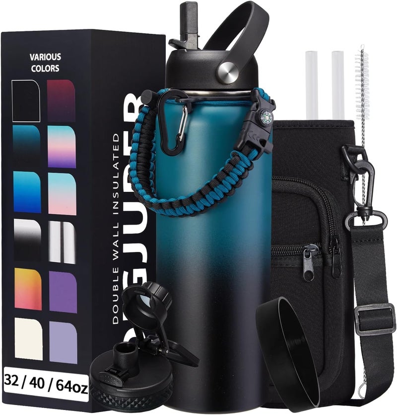 DIGJUPER Vacuum Insulated Water Bottle 40oz with Straw Spout Lids Paracord Handle Shoulder Carrier Bag Sport Stainless SteelDoubleWall Metal Water Bottle Thermo Hydro Mug Flask