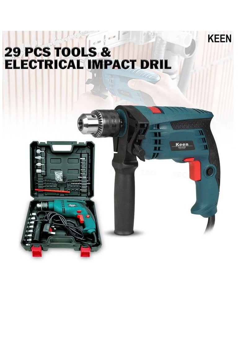 Keen 29-Piece 600W Impact Drill Kit, 13mm Chuck, 3000 RPM Electric Power Drill with Bits & Accessories, Carrying Case for Wood, Metal, Concrete & DIY - Image 3