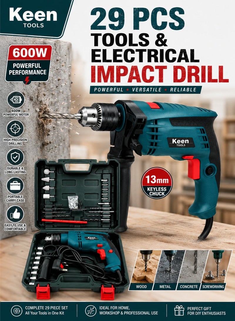 Keen 29-Piece 600W Impact Drill Kit, 13mm Chuck, 3000 RPM Electric Power Drill with Bits & Accessories, Carrying Case for Wood, Metal, Concrete & DIY - Image 2