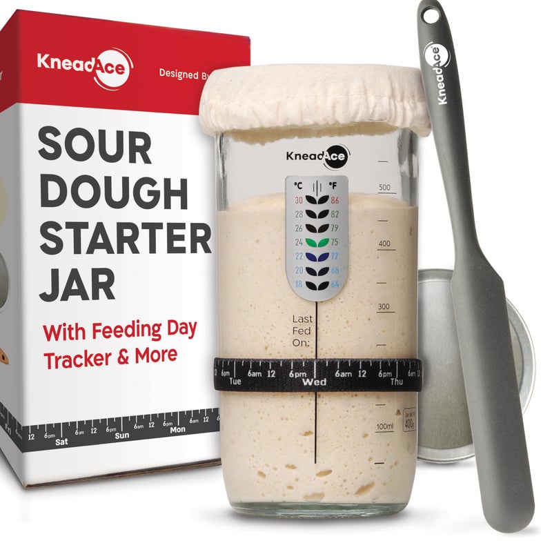 KneadAce Sourdough Starter Jar With Date Marked Feeding Band Thermometer Sourdough Jar Scraper Sourdough Container Sewn Cloth Cover  Metal Lid Sourdough Starter Kit