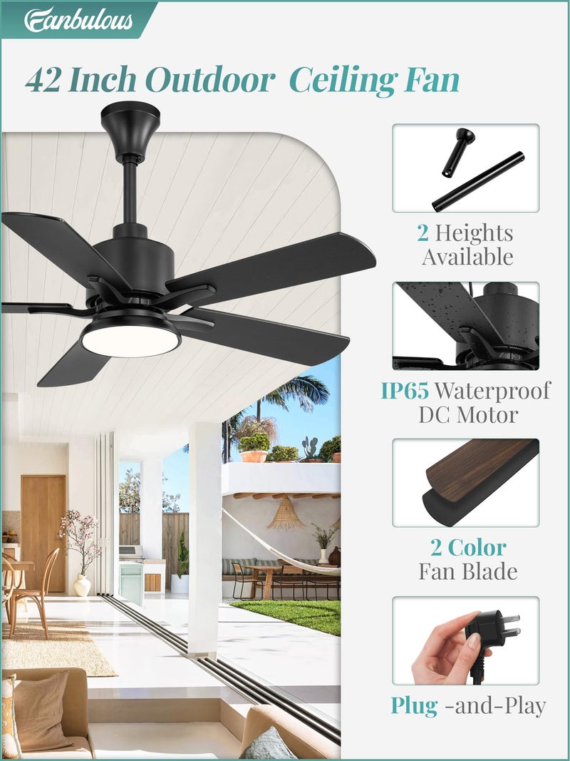 Fanbulous 42" Outdoor Ceiling Fan with Light for Patios, IP65 Waterproof Gazebo Fan, Plug in Ceiling Fan with Remote, 3CCT 6-Speed Black Ceiling Fan with Hanging Hook for Porch, Pergola,Canopy - Image 3
