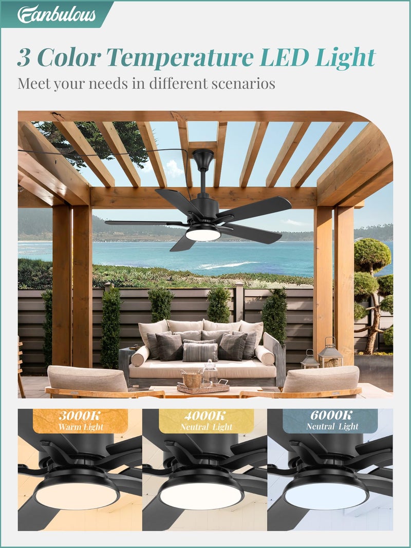 Fanbulous 42" Outdoor Ceiling Fan with Light for Patios, IP65 Waterproof Gazebo Fan, Plug in Ceiling Fan with Remote, 3CCT 6-Speed Black Ceiling Fan with Hanging Hook for Porch, Pergola,Canopy - Image 5