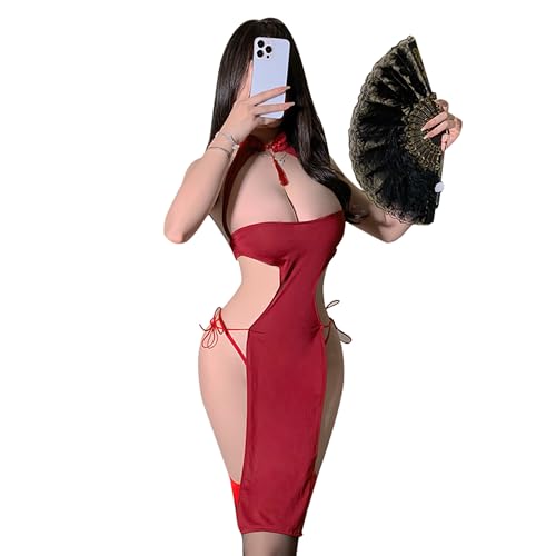 SINMIUANIME Sexy Cosplay Cheongsam Dress Chinese Qipao Traditional Style Anime Lingerie Bodycon Costume Babydoll Nightgown (8314Red, one size) - Image 1