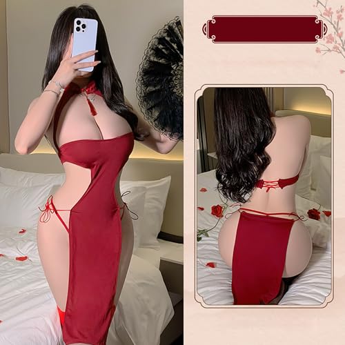 SINMIUANIME Sexy Cosplay Cheongsam Dress Chinese Qipao Traditional Style Anime Lingerie Bodycon Costume Babydoll Nightgown (8314Red, one size) - Image 4