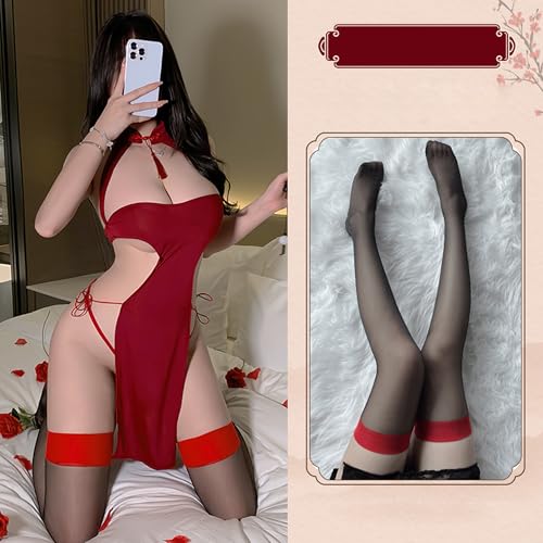 SINMIUANIME Sexy Cosplay Cheongsam Dress Chinese Qipao Traditional Style Anime Lingerie Bodycon Costume Babydoll Nightgown (8314Red, one size) - Image 5