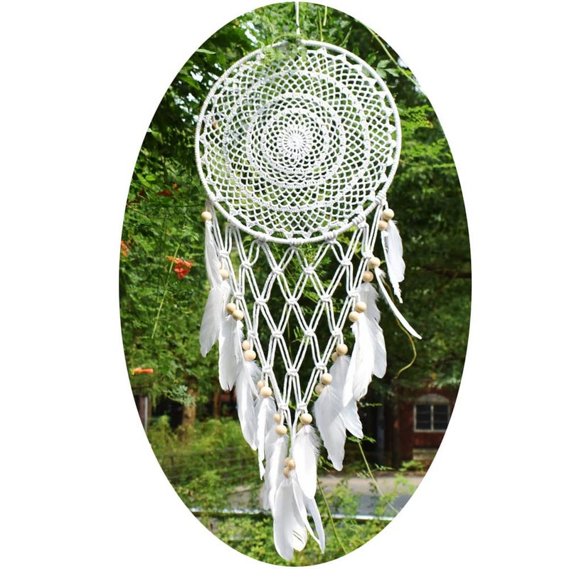 Large Boho Dream Catcher with White Feather and Wood Beads Macrame Wall Hanging for Vintage Wedding Home Decorations 30cm Circle 80cm Long