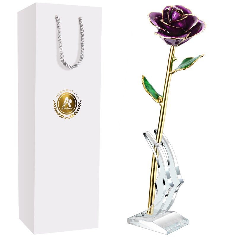 AliveRose Gifts for Mom 24K Gold Rose Made from Real Rose  Unique Design 24K Dipped Rose for Anniversary Valentines Mothers Day Birthday Gifts Purple Rose with Stand