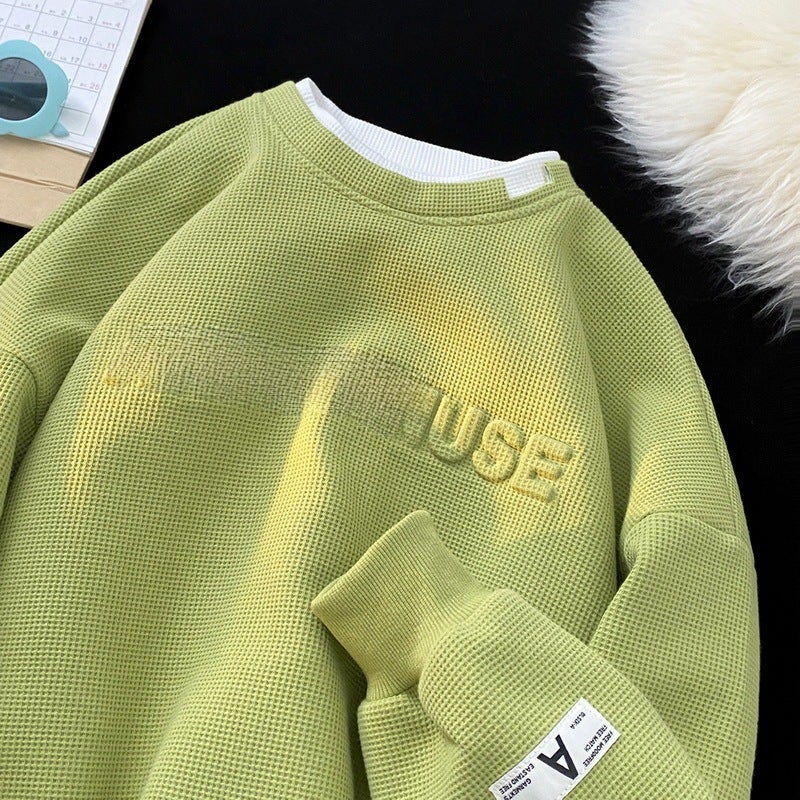 2023 New Heavy Aocado Green Sweatshirt Mens Trendy Ins Waffle Hood Crewneck Fake Two-Piece Long-Sleeved T-Shirt Green - Image 1