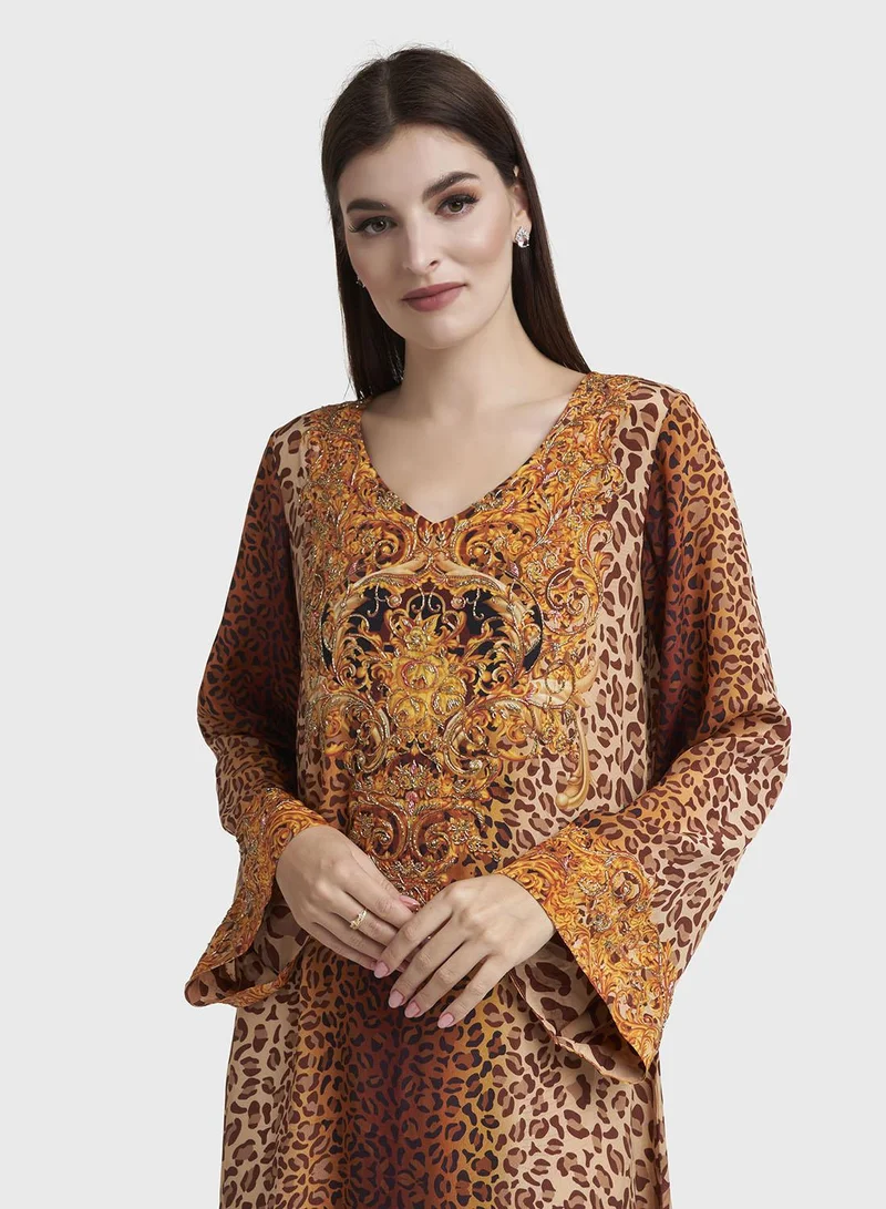كشخة Brown Animal Printed Viscose Crepe Jalabiya (VDE389)