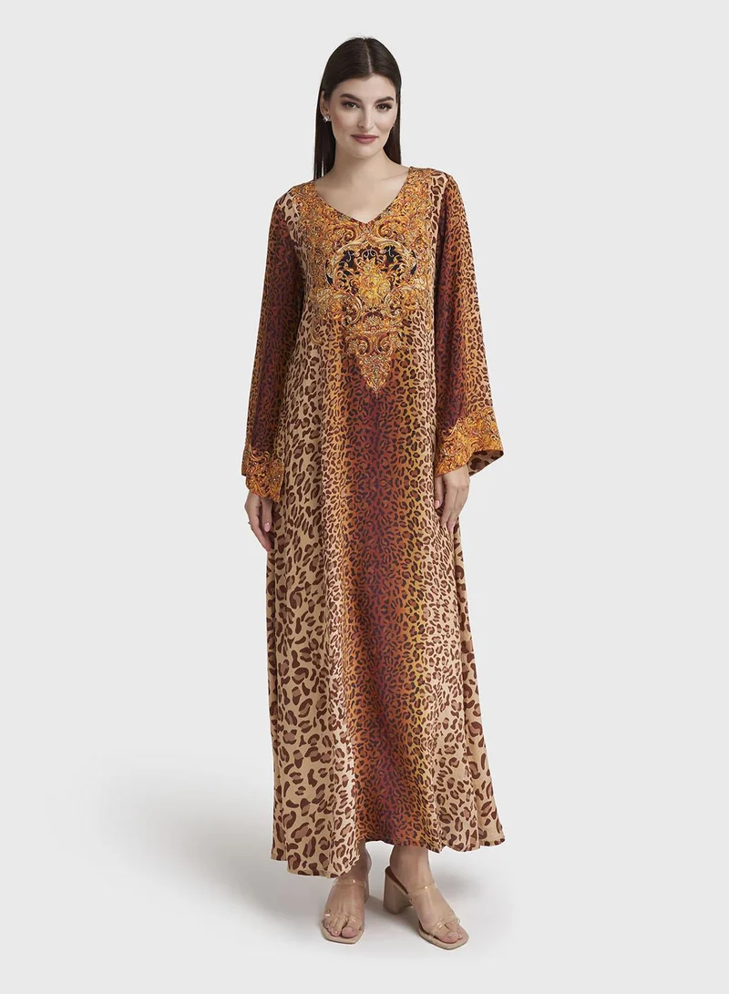 كشخة Brown Animal Printed Viscose Crepe Jalabiya (VDE389)