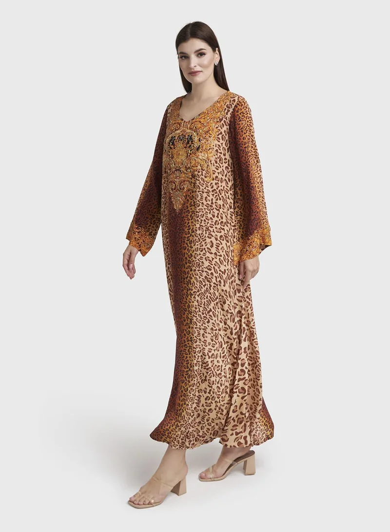 Kashkha  Brown Animal Printed Viscose Crepe Jalabiya (VDE389) for Women | Best Price UAE