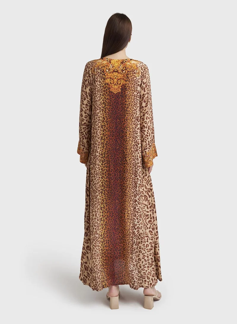 Kashkha  Brown Animal Printed Viscose Crepe Jalabiya (VDE389) for Women | Best Price UAE