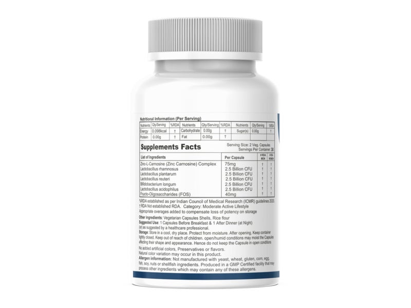 Zincasin -P Zinc Carnosine, Prebiotics & Probiotics Supplement | Lactobacillus plantarum, L. acidophilus, L rhamnosus, L reuteri, B. longum, Fructo Oligosaccharides (FOS) | Leaky Gut, IBS, IBD, Blend for Gut Health & Digestion - 60 Capsules - Image 2