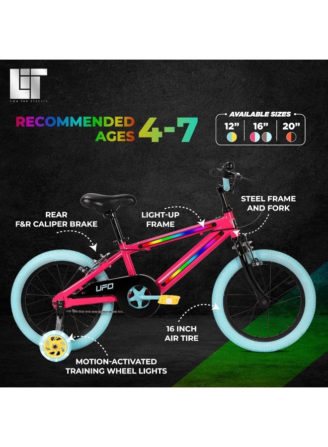 LiT UFO 16-Inch Kids Bicycle with Training Wheels | Hot Pink Bike for Girls Ages 46 | Adjustable Seat & Handlebar | Coaster Brake & Chain Guard | Bell Included | Beginner Ride Confidence | LT3001 - Image 4