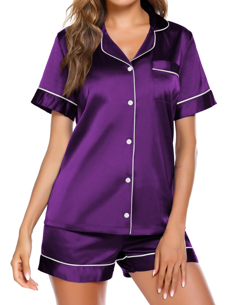 Ekouaer Satin Pajamas for Women Button Down Sleepwear Soft Silk Loungewear Short Sleeve Top and Shorts Pjs Purple,Small - Image 1