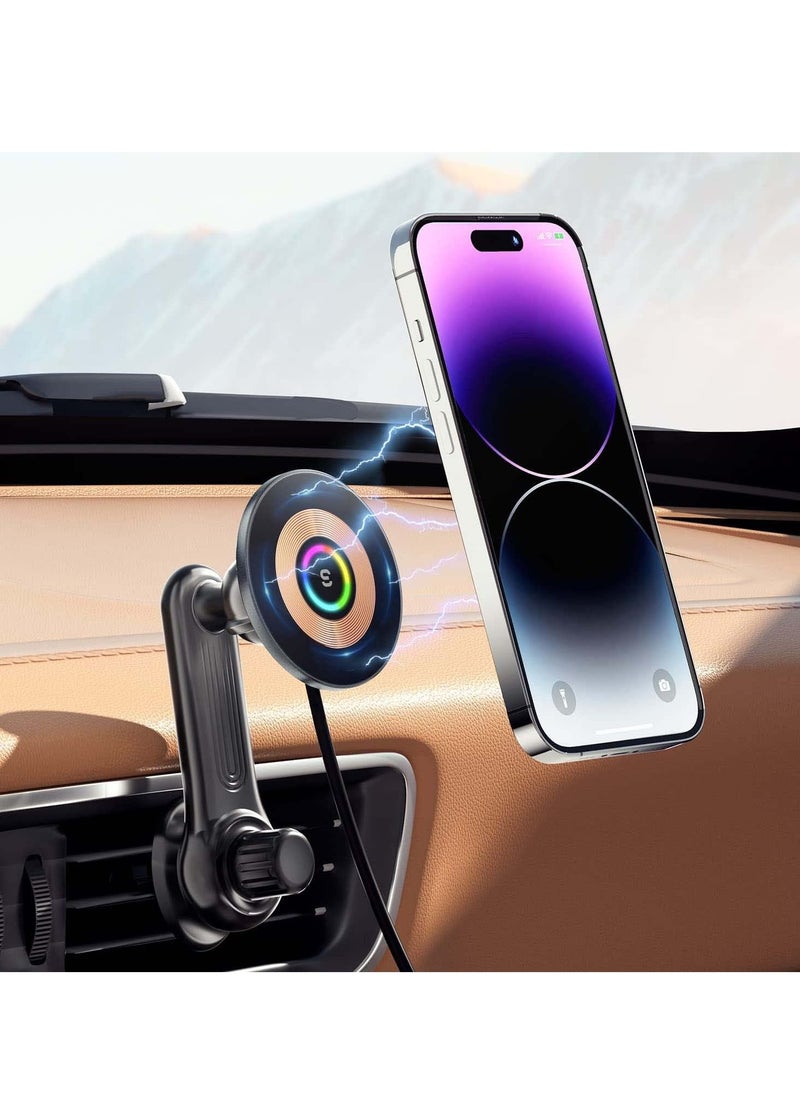 Excefore - Car Mount Charger for MagSafe, 360° Adjustable Magnetic Wireless Car Charger with RGB Light, Air Vent Magnetic Phone Holder Charger for iPhone 14 13 12 Series (with Car Adapter) - Image 1