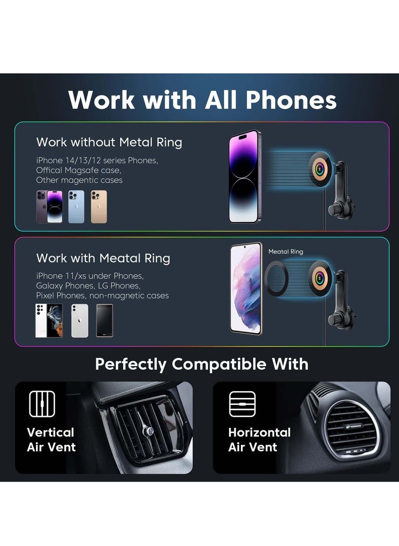 Excefore - Car Mount Charger for MagSafe, 360° Adjustable Magnetic Wireless Car Charger with RGB Light, Air Vent Magnetic Phone Holder Charger for iPhone 14 13 12 Series (with Car Adapter) - Image 1