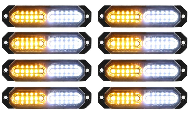 ASPL 8pcs Sync Feature Ultra Slim 12-LED Surface Mount Flashing Strobe Lights for Truck Car Vehicle LED Mini Grille Light Head Emergency Beacon Hazard Warning lights (Amber/White) - Image 1