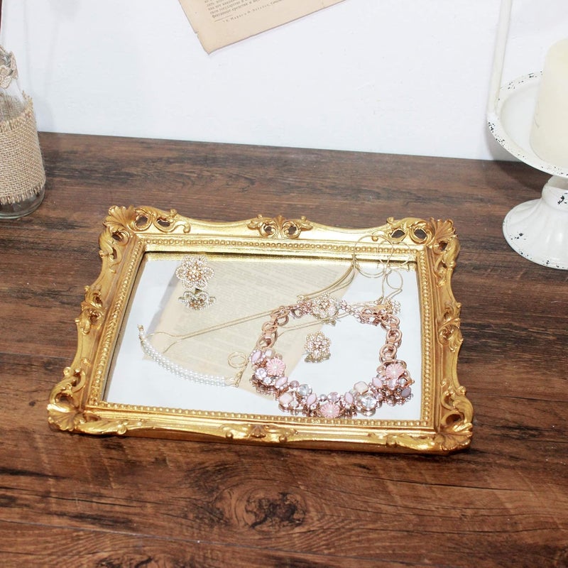 Funerom Vintage 11 x 9.5 inch Decorative Mirror, Wall Mounted & Tabletop Makeup Mirror ，Square Antique Gold - Image 5
