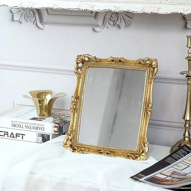 Funerom Vintage 11 x 9.5 inch Decorative Mirror, Wall Mounted & Tabletop Makeup Mirror ，Square Antique Gold - Image 3