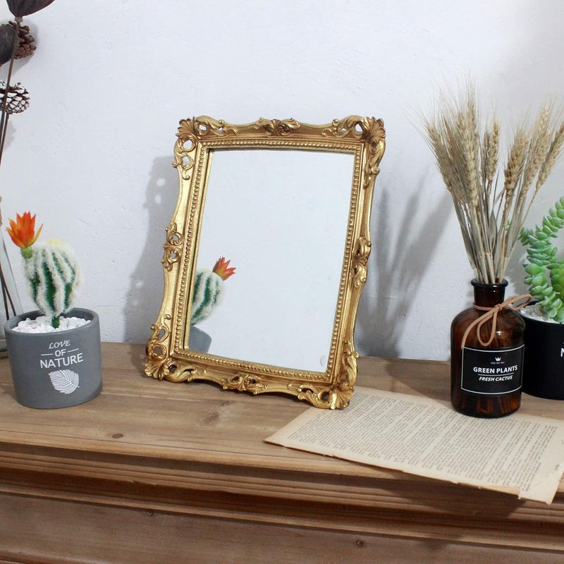 Funerom Vintage 11 x 9.5 inch Decorative Mirror, Wall Mounted & Tabletop Makeup Mirror ，Square Antique Gold - Image 2