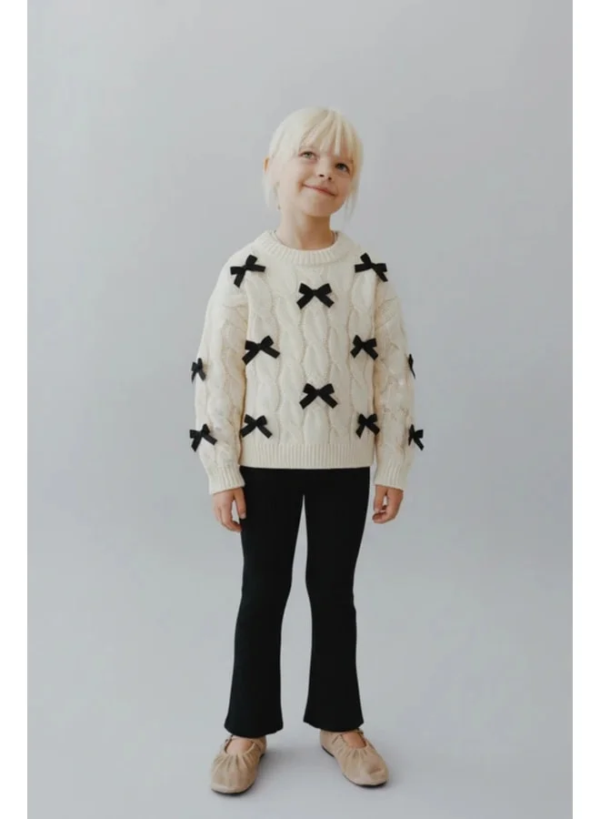 Magu Girls' Cotton Cream Bow Detail Knit Sweater and Black Ribbed Flare Leggings Set