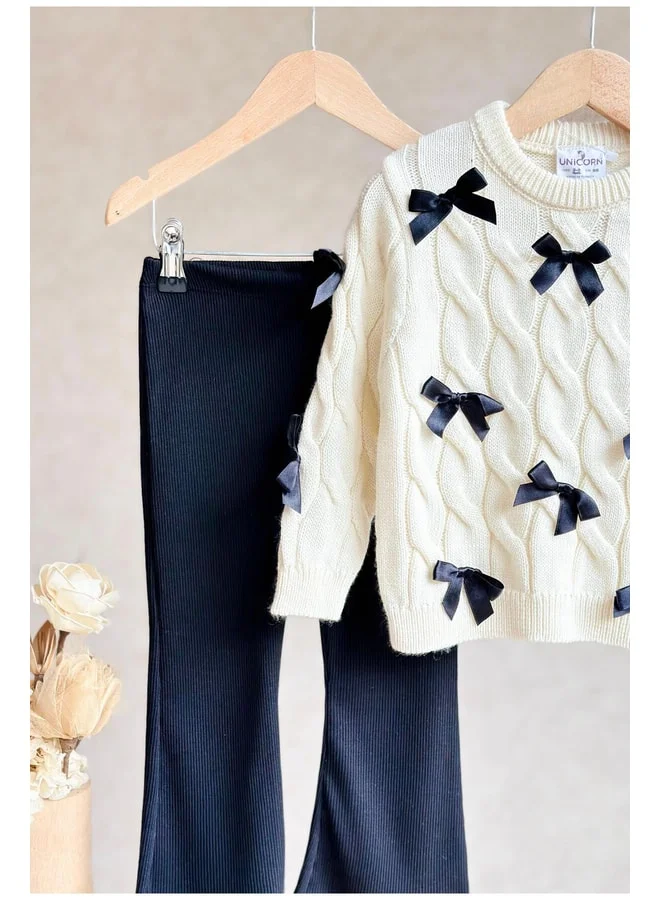 Magu Girls' Cotton Cream Bow Detail Knit Sweater and Black Ribbed Flare Leggings Set