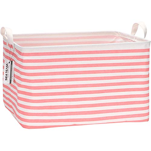Sea Team Collapsible Canvas Fabric Storage Basket with Handles, Rectangle Waterproof Storage Bin, Box, Cube, Foldable Shelf Basket, Closet Organizer, 16.5 x 11.8 x 9.8 Inches, Pink Stripe - Image 1