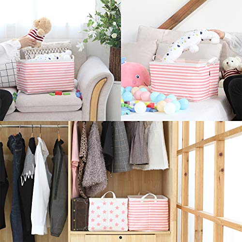Sea Team Collapsible Canvas Fabric Storage Basket with Handles, Rectangle Waterproof Storage Bin, Box, Cube, Foldable Shelf Basket, Closet Organizer, 16.5 x 11.8 x 9.8 Inches, Pink Stripe - Image 4