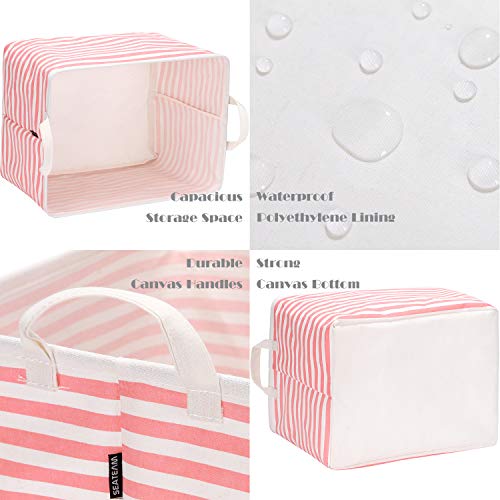 Sea Team Collapsible Canvas Fabric Storage Basket with Handles, Rectangle Waterproof Storage Bin, Box, Cube, Foldable Shelf Basket, Closet Organizer, 16.5 x 11.8 x 9.8 Inches, Pink Stripe - Image 5