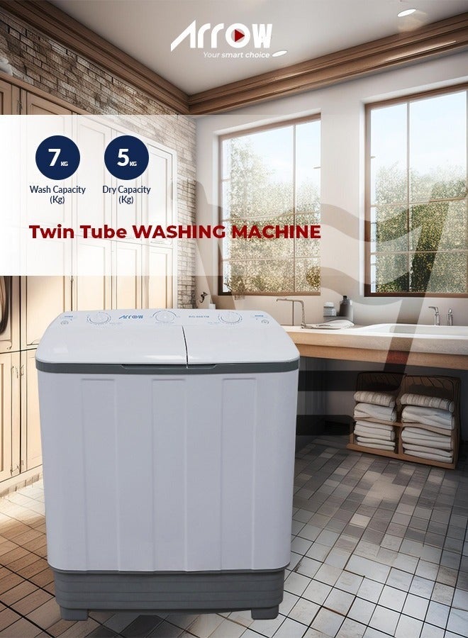ارو غسالة ملابس شبه آلية بحوضين سعة 7 كجم، استهلاك الطاقة 244، استهلاك المياه 20900، الطاقة 520 وات، اسم الموديل: RO-08KTM - Image 2