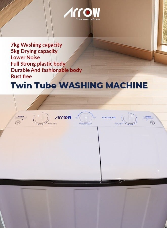ارو غسالة ملابس شبه آلية بحوضين سعة 7 كجم، استهلاك الطاقة 244، استهلاك المياه 20900، الطاقة 520 وات، اسم الموديل: RO-08KTM - Image 3