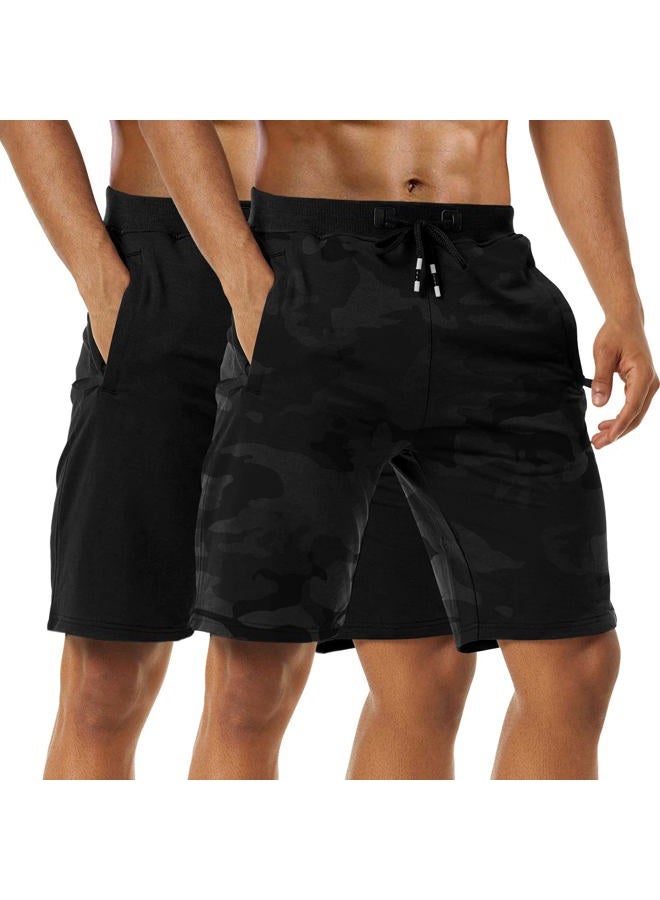 Boyzn Men's 2 Pack Athletic Shorts Comfortable Cotton Workout Shorts Elastic Waist Running Shorts with Zipper Pockets, 2pack-black/Camo Black, L - Image 1